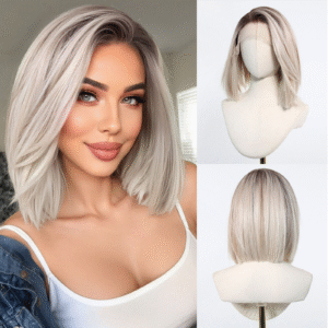 Zeus Wig | 13×6 Large Area Front Lace Gradient White Center Part Short Straight Bob Hairstyle