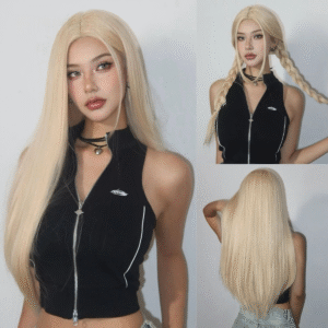 Carefully blended light golden hair color with a soft and natural tone that suits a variety of skin tones and hair color needs This light golden straight wig is made from high-quality hair fibers