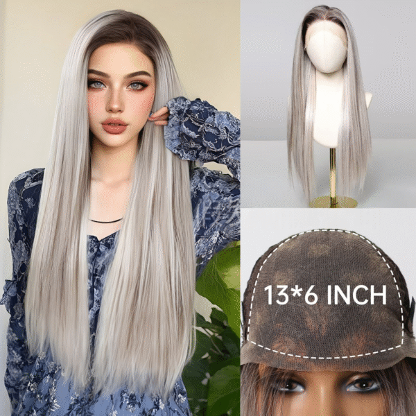 Zeus Wig | 13*6 Lace Wig with Center Parting, White Highlights, and Brown Straight Hair for a Goddess-like Look