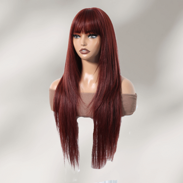 Zeus wig|Deep red long straight bangs wig