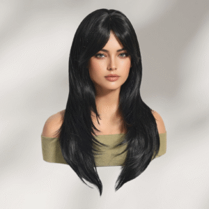 Zeus Wigs|Black medium-length straight hair with an eight-part bangs curly wig