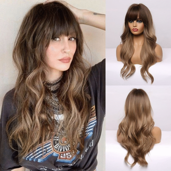 Zeus Wigs|Brown Wavy Long Curly Hair With Bangs - 图片 3