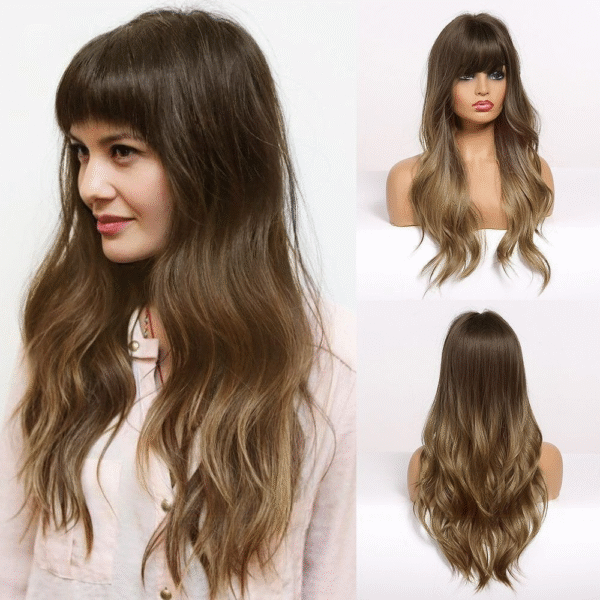 Zeus Wigs|Brown Wavy Long Curly Hair With Bangs - 图片 4