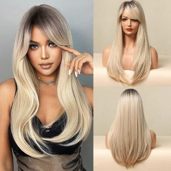Zeus Wigs|Black Gradient Blonde Eight Bangs Long Curly Hair