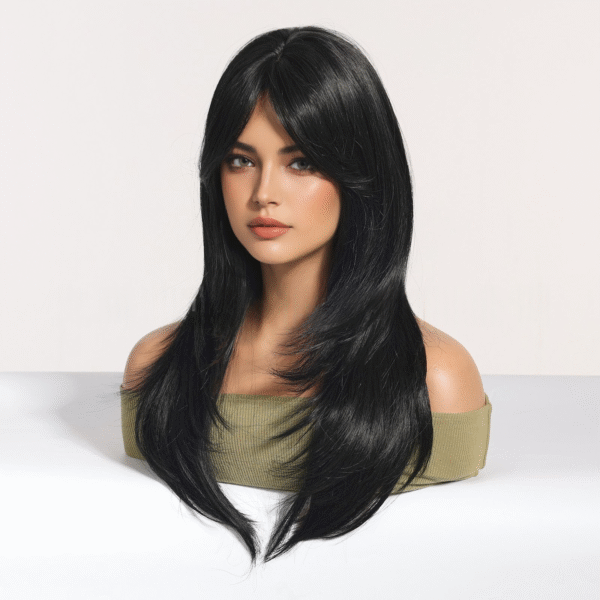 Zeus Wigs|Black medium-length straight hair with an eight-part bangs curly wig - 图片 4