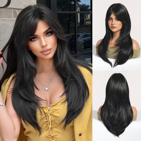 Zeus Wigs|Black medium-length straight hair with an eight-part bangs curly wig - 图片 2