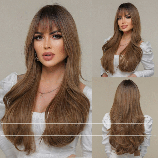 Zeus wig | Chocolate Brown Wavy Wig with Blunt Bangs - 图片 4