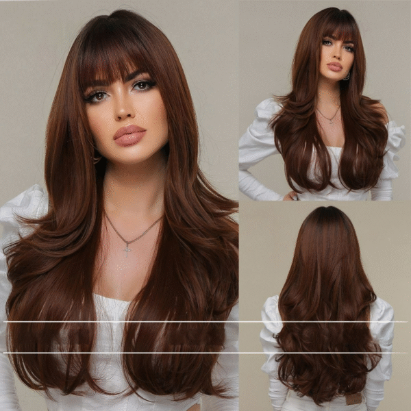 Zeus Wigs|Long Curly Synthetic Wig with Dark Brown Blunt Fringe - 图片 5